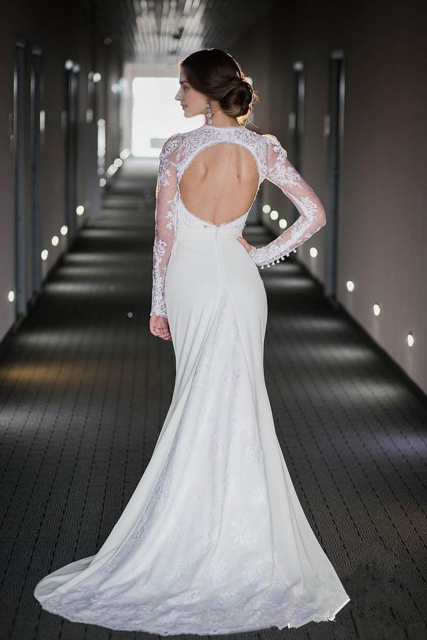 Long Sleeve Lace High Neck Wedding Dress Satin Bridal Gown with Open Back