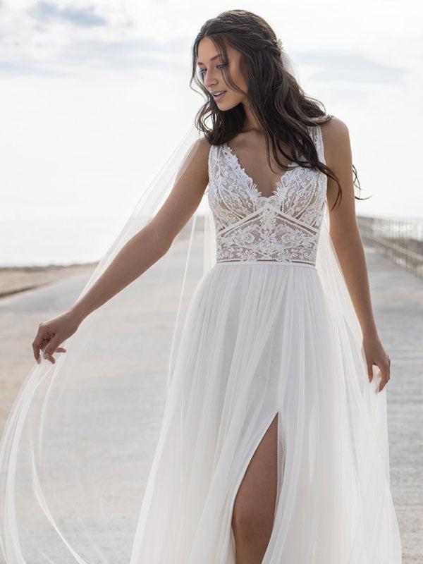 V Neck A-Line Chiffon Tulle Lace Split Wedding Dresses