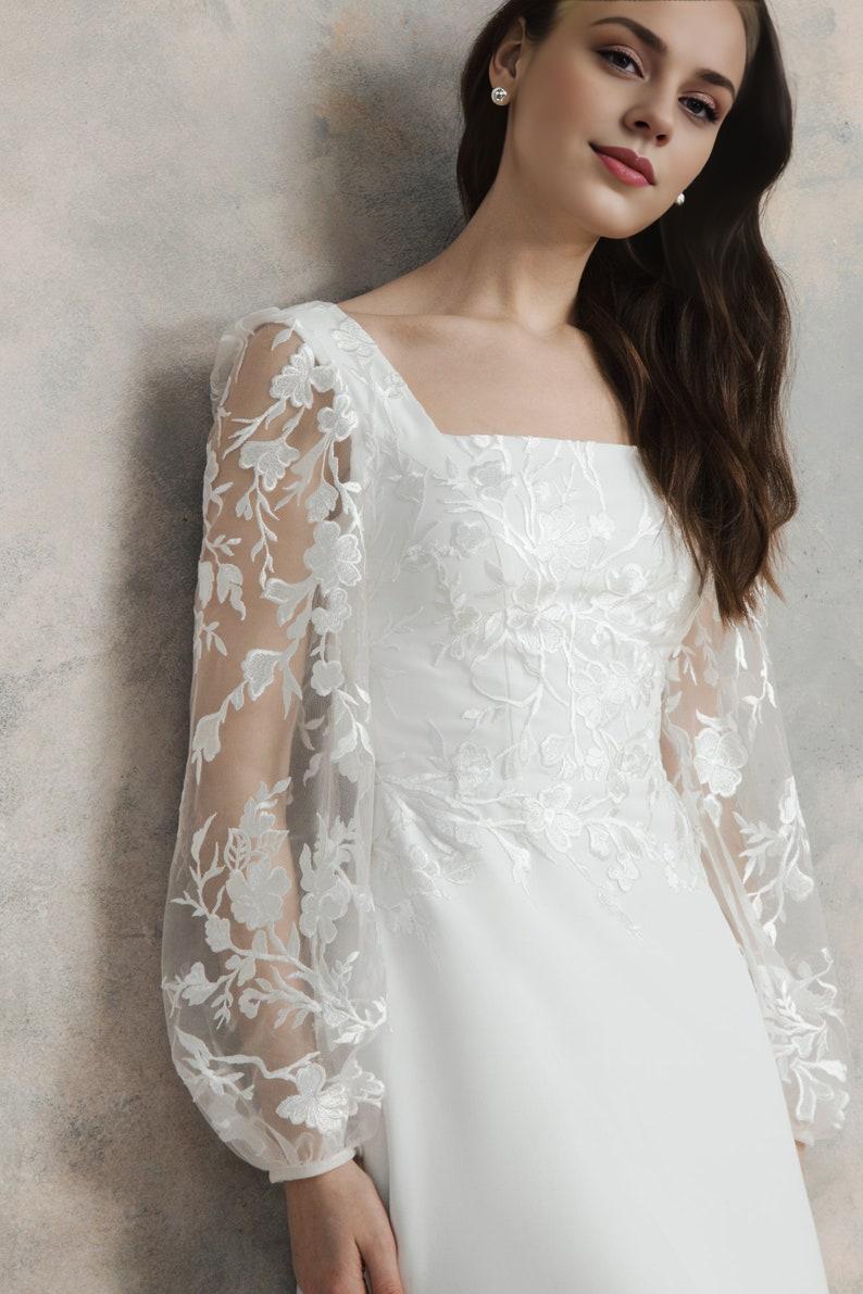 Square Neck Wedding Dress With Puff Sleeves Flower Lace A Line Wedding Dress