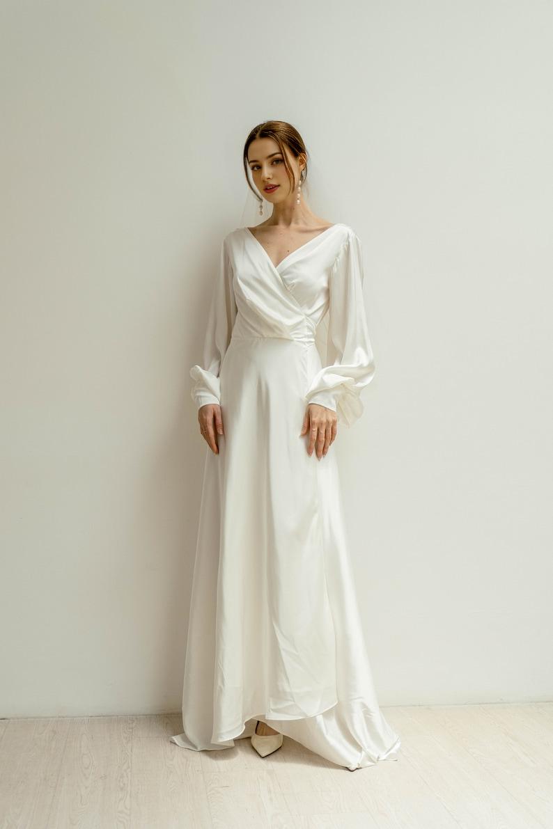 Floor Length Dress With Train Long Sleeves Satin Wrap Dress Minimalist Wedding Dress