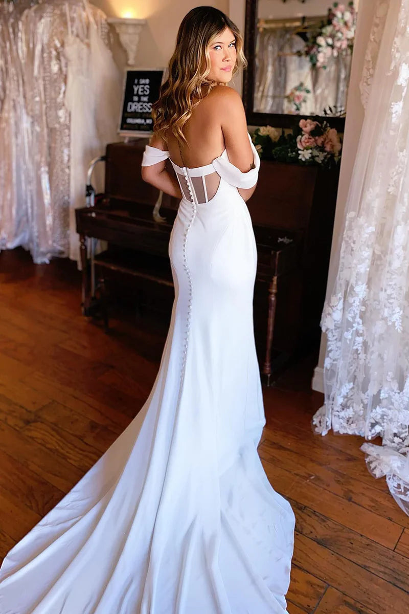 White Mermaid Off-the-Shoulder Boho Wedding Dress