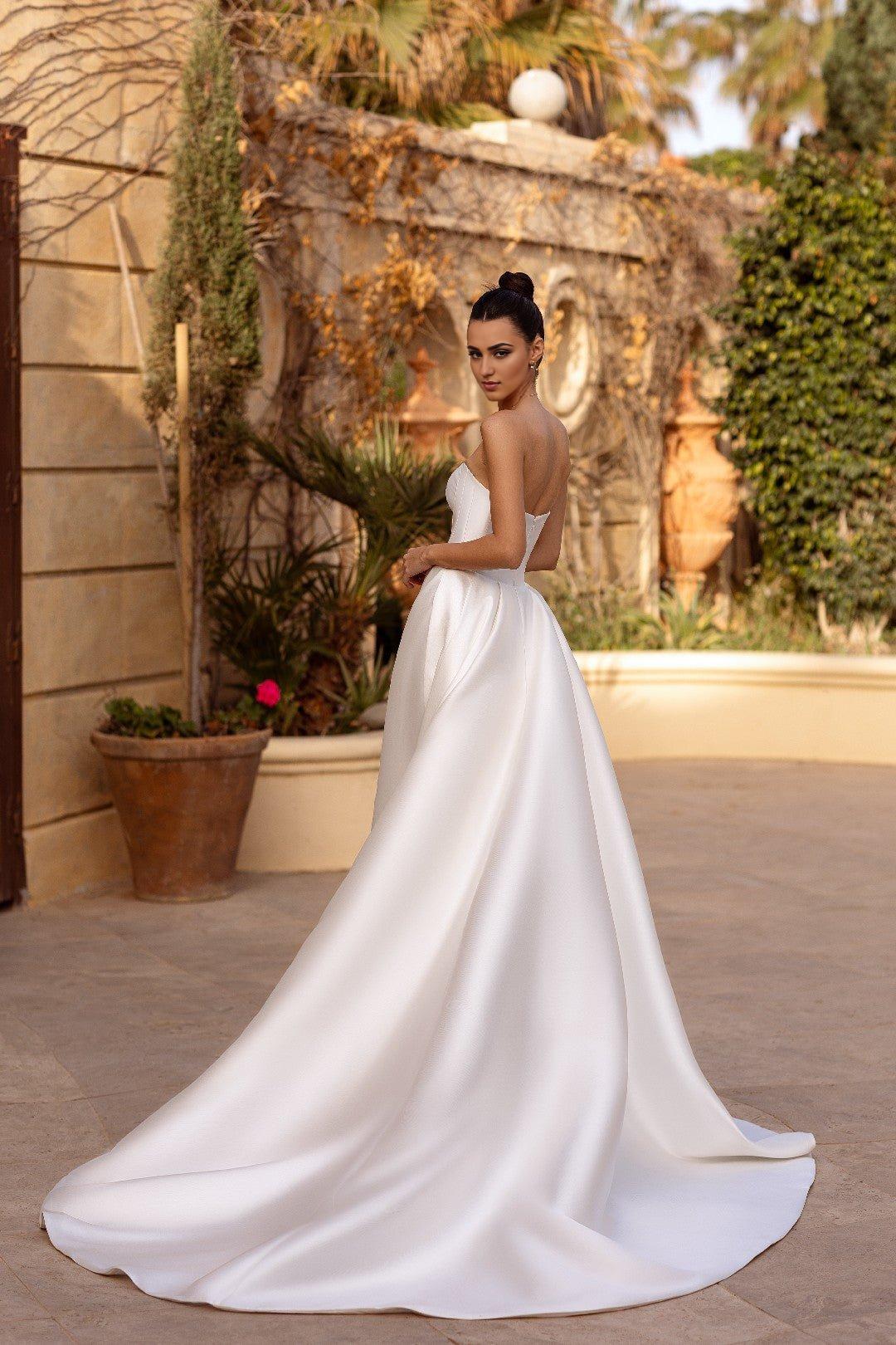 White Strapless Satin Ball Gown Wedding Dress with Floor-Length Train