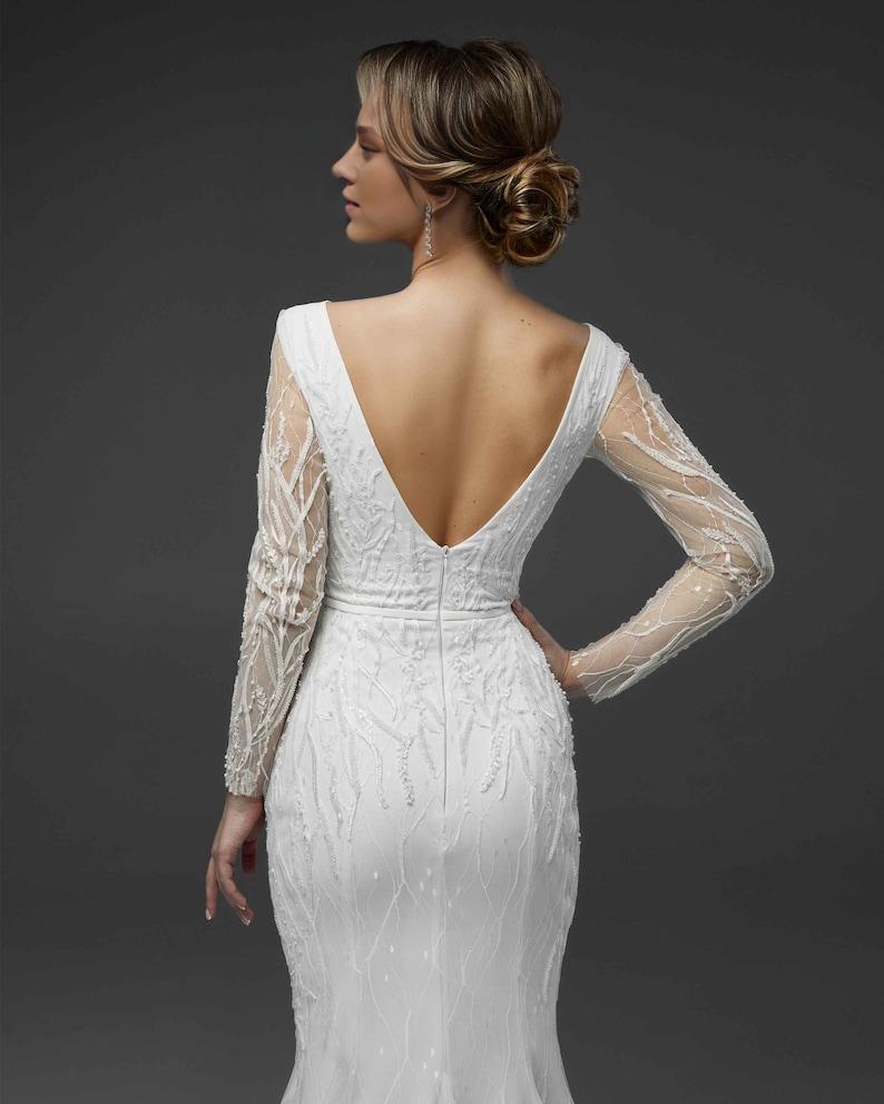 Elegant Mermaid Bridal Gown Backless With Long Sleeves Luxury Bridal Gown Custom Wedding Dresses Dainty V Neck Bridal Dress With Train
