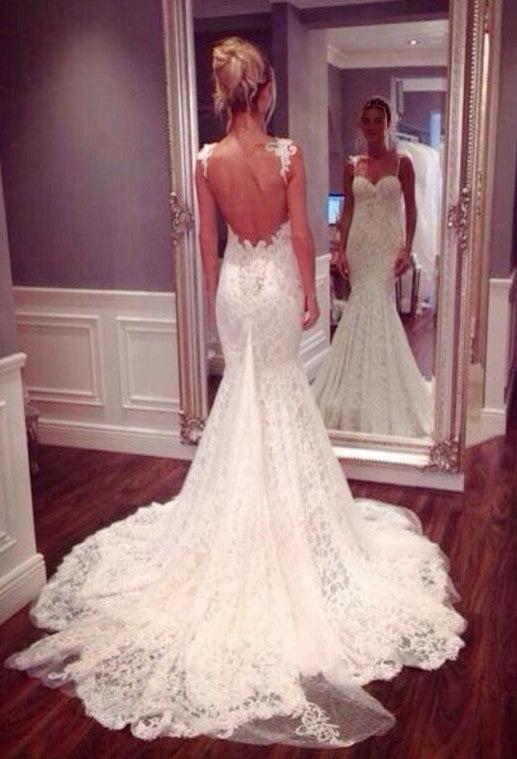Lace Spaghetti Strap Mermaid Wedding Dress Latest Court Train Open Back Bridal Gowns