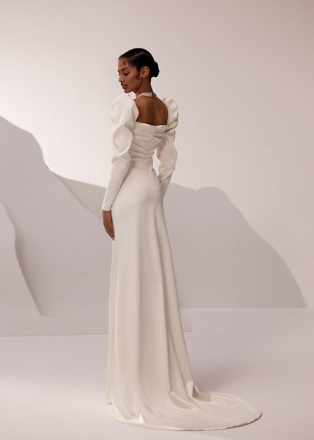 White Long Sleeve Square Neckline Wedding Dress with Puff Shoulders and Sleek Train
