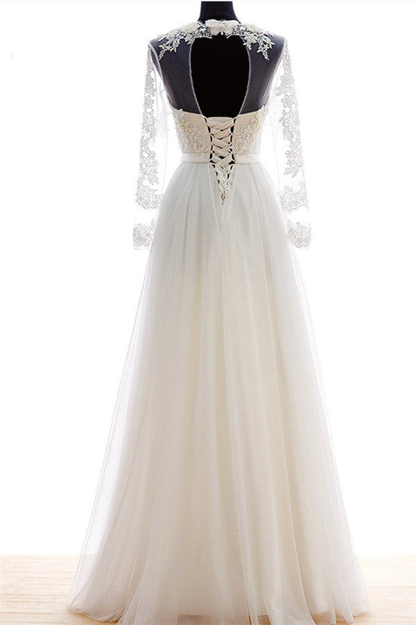 A-Line Long Sleeve Bridal Gown New Arrival Tulle Lace Floor Length Wedding Dress