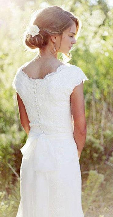 V-Neck White Lace Wedding Gowns Chiffon Short Sleeve Plus Size Bridal Dress