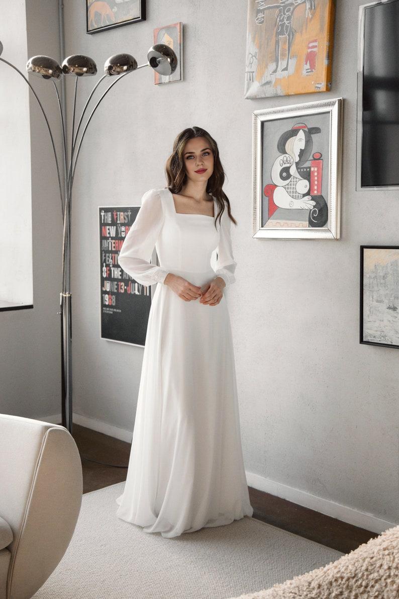 BeautifulSquare neck White wedding dress with sleeves