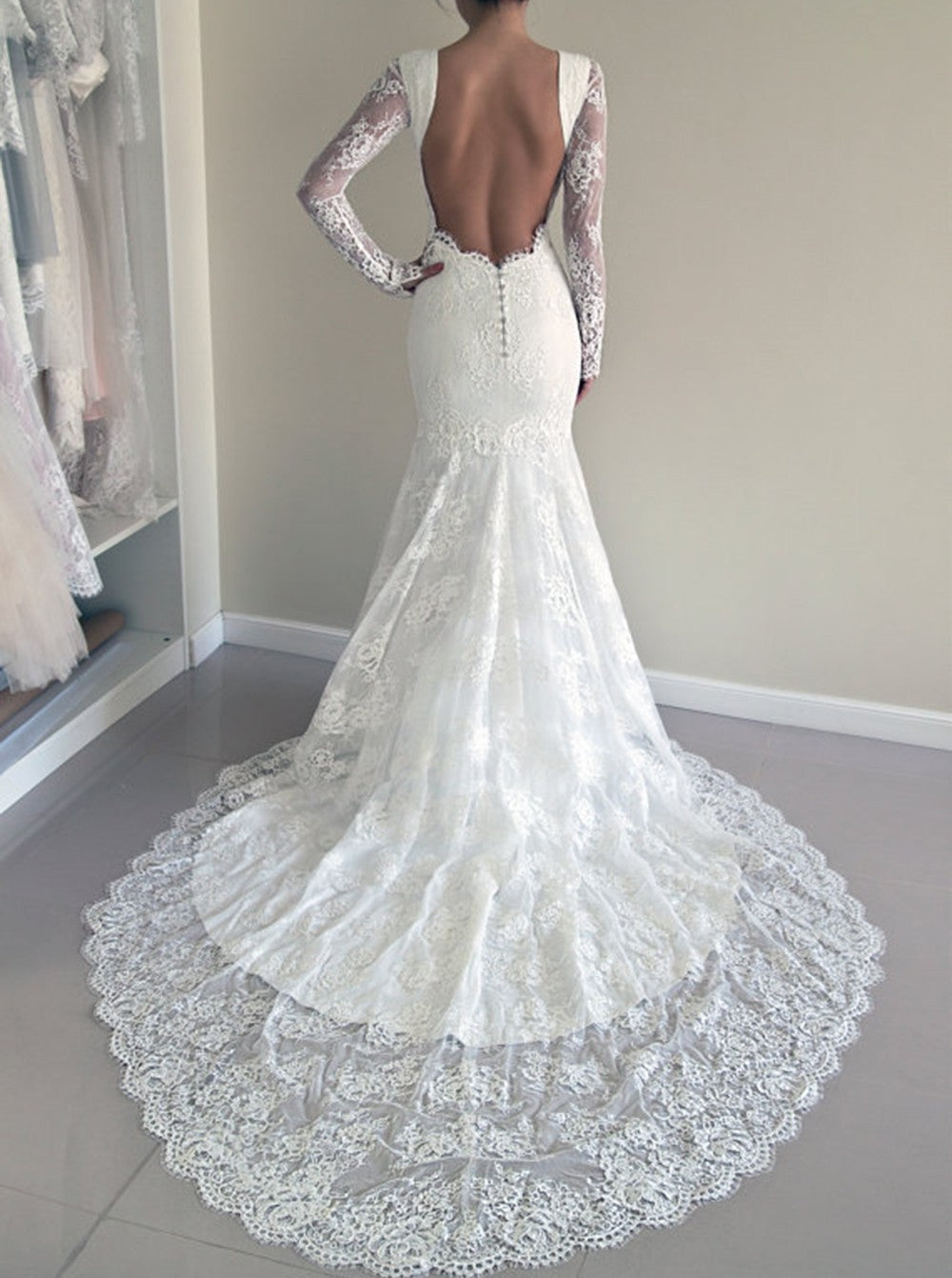 Lace Mermaid Backless Sweep Train Long Sleeve Wedding Dresses