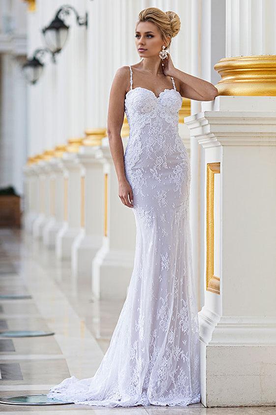 Spaghetti Straps Lace Wedding Dresses Mermaid Sweep Train Bridal Gowns