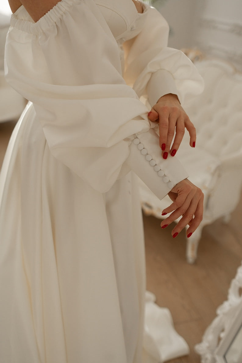 Off White Wedding Dress Simple Elopement Dress Corset Dress With Sleeves Satin Wedding Gown