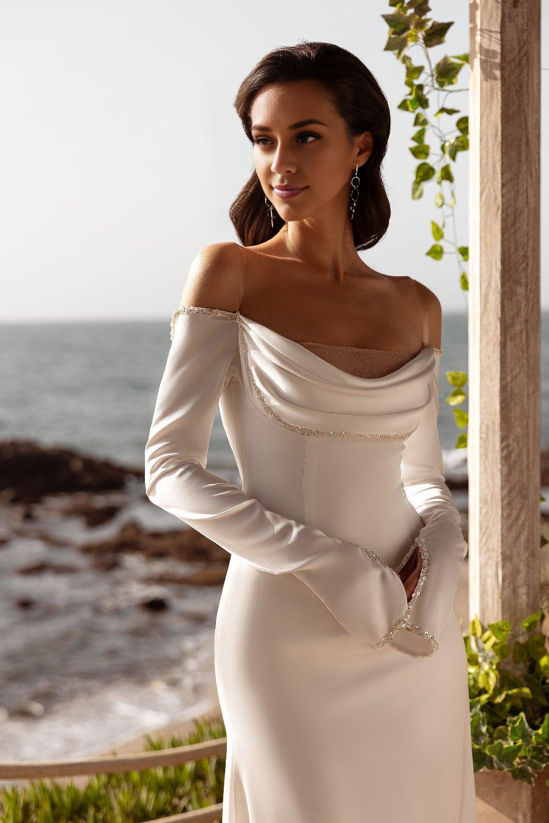 White Silk Satin Off-Shoulder Wedding Gown with Cowl Neck and Jewel Accents