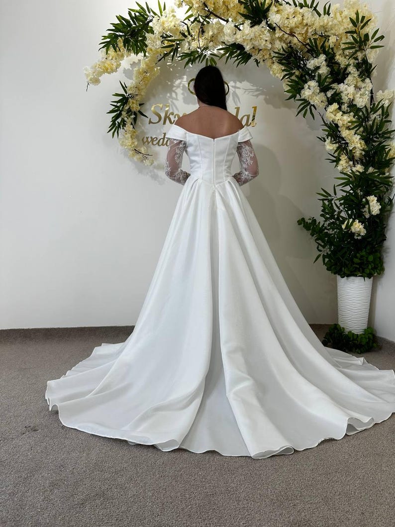 Lace Up Off Shoulder Wedding Gown Corset Wedding Dress Off White Satin Maxi Bridal Gown Long Sleeve Slit Bridal Dress