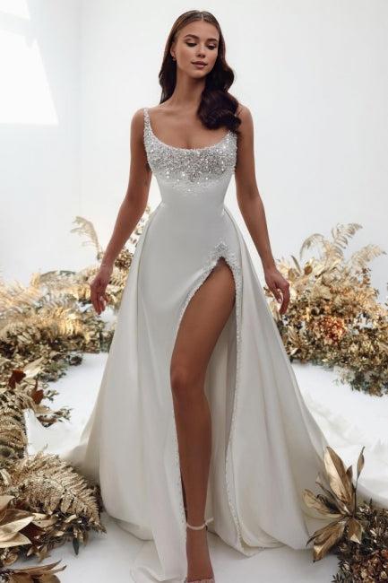 Sparkling square sleeveless satin pearl wedding dress