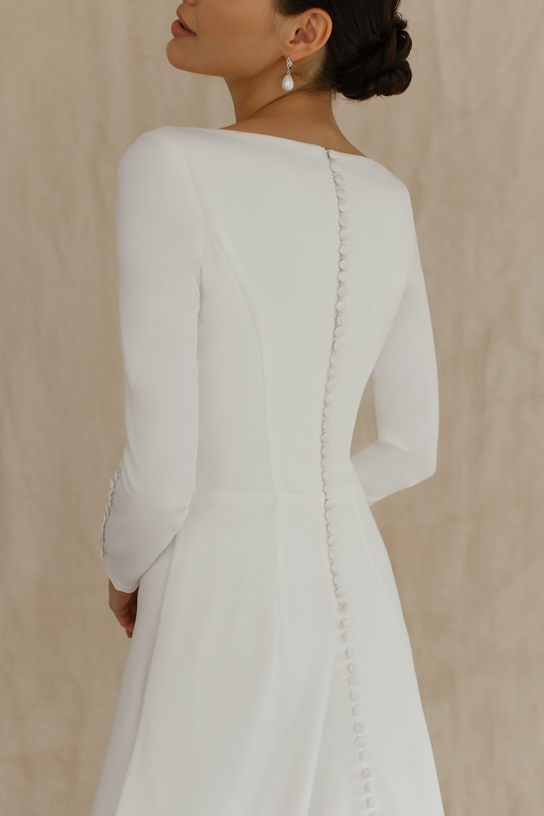 Long sleeve and high back crepe wedding dress Simple winter bridal gown reception dress modern wedding dress