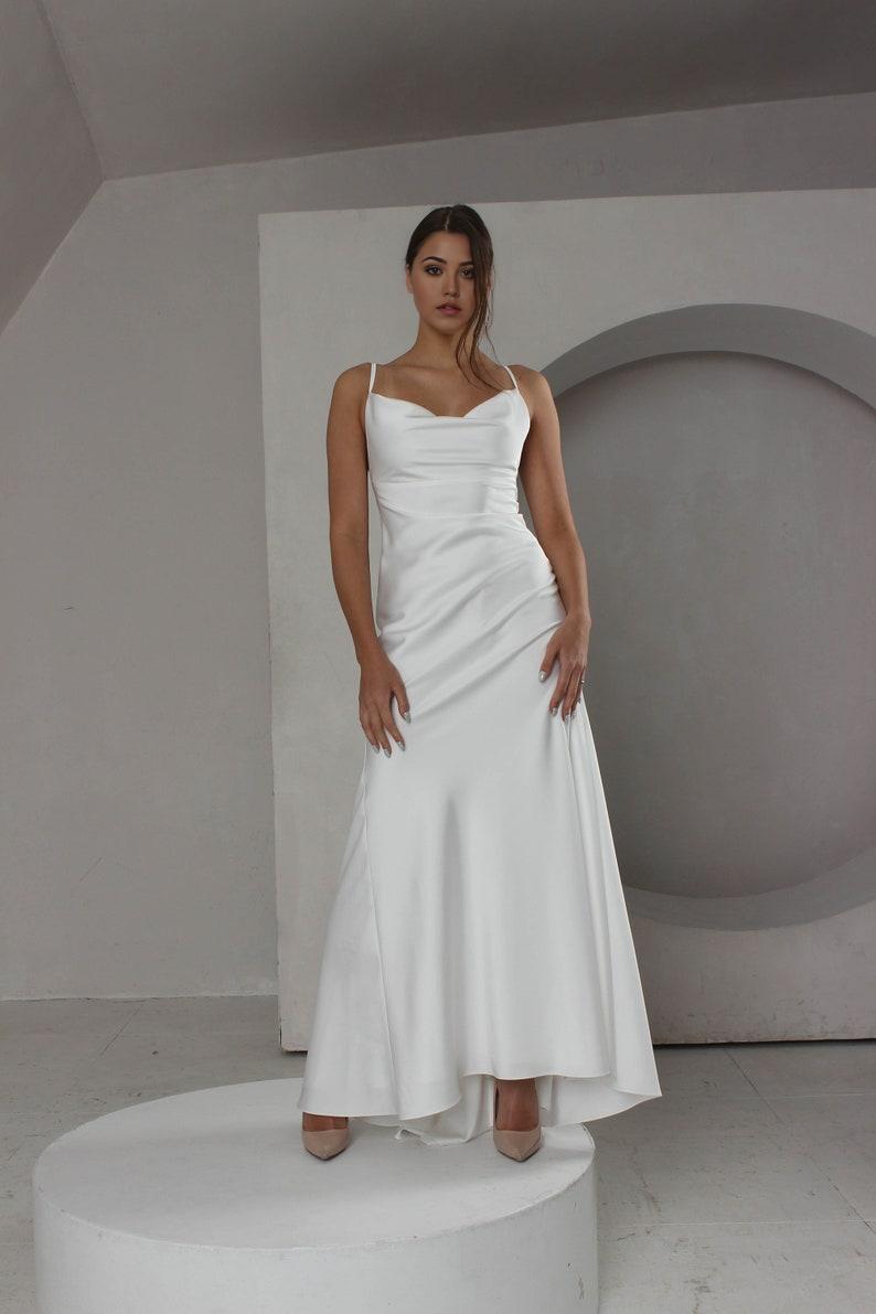 French Crep Wedding Dress With Cowl Neck For Special Occasion Elopement Dress With Low Cowl Back Rehearsal Dinner Backless Simple Crep Dress