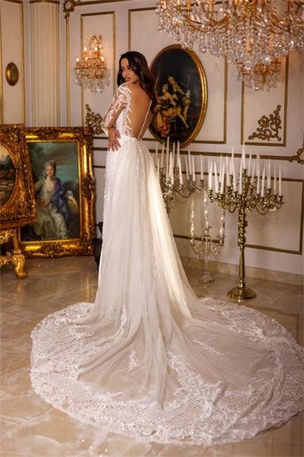 Long A-line V-neck Lace Appliques Wedding Dresses With Long Sleeves