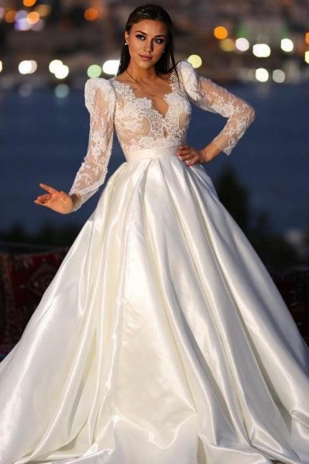 Unique long sleeved V-neck satin lace bridal gown