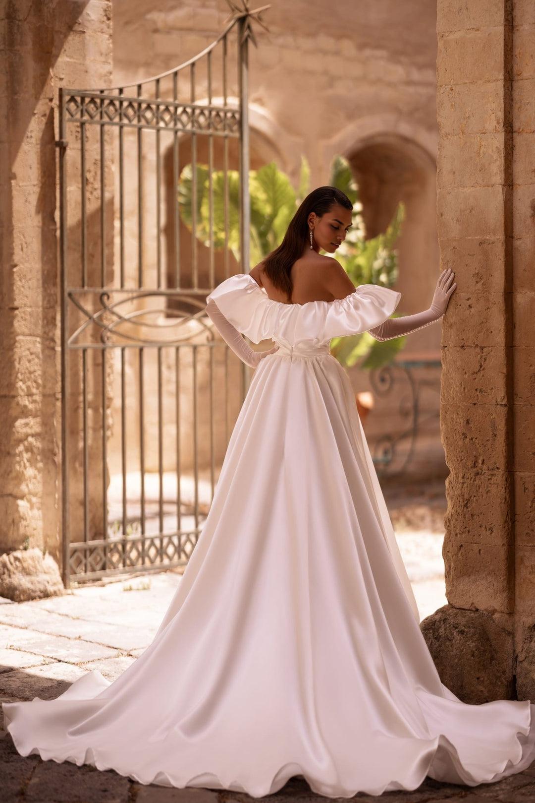 Off-Shoulder Satin Wedding Gown with Corset and Train White Bridal Dress