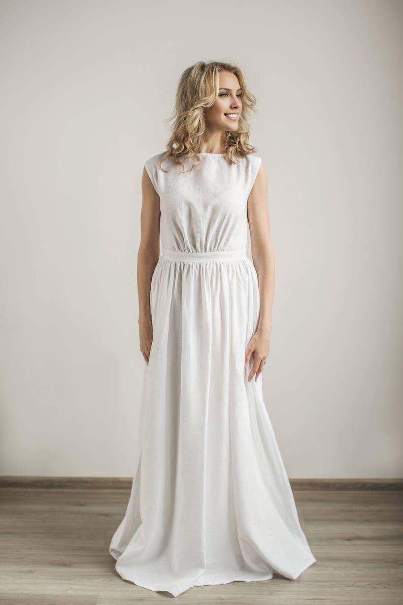 Linen Grecian Wedding Dress Elegant Boat Neck Bridal Dress Minimalist Wedding Gown Simple A -Line Wedding Dress Modest Bride Dress