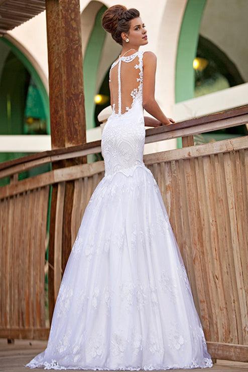 Mermaid Lace Wedding Dresses Jewel Sleeveless Floor Length Bridal Gowns