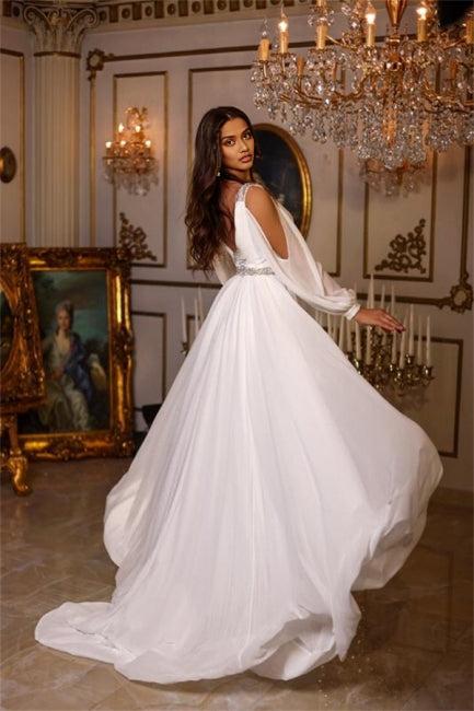A-line V-neck long sleeved wedding dress