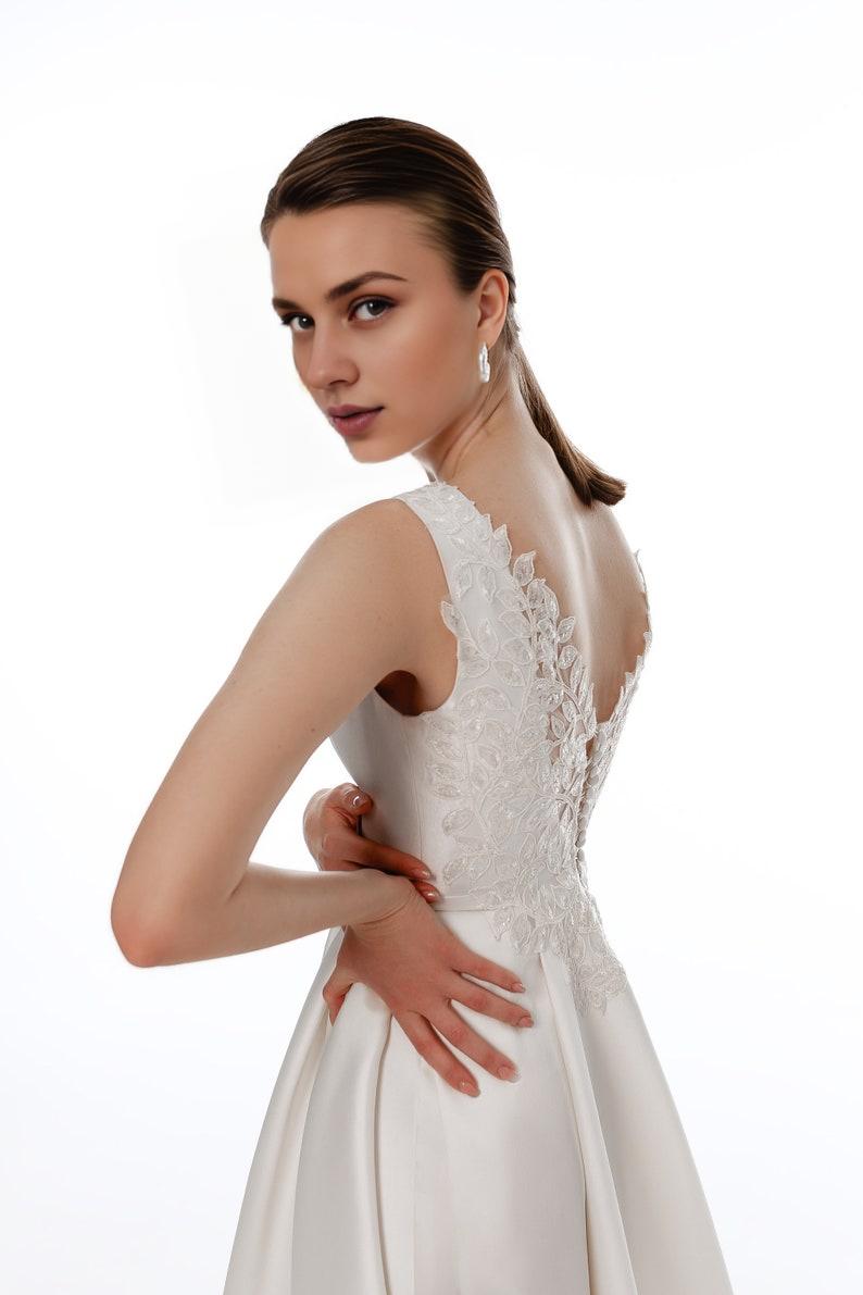 Elegant Satin Wedding Dress With Floral Lace Open Back Simple Wedding Dress A-line Modest Wedding Dress Ballgown Wedding Dress