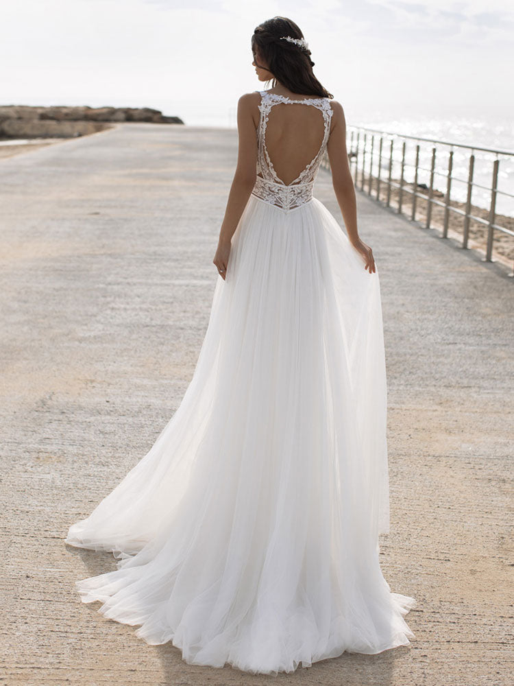 V Neck A-Line Chiffon Tulle Lace Split Wedding Dresses