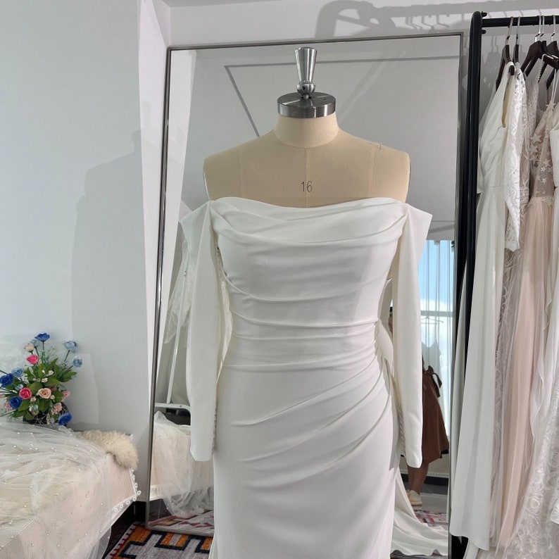 Pleated stretch crepe gown with White Wedding Dress Juliette sleeves