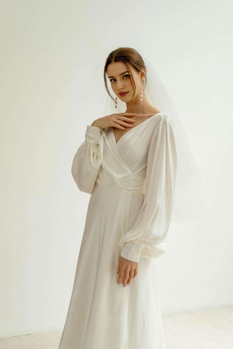 Floor Length Dress With Train Long Sleeves Satin Wrap Dress Minimalist Wedding Dress
