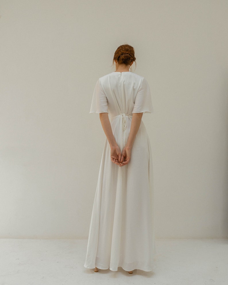 Floor Length Dress Satin Wedding Dress Flutter Sleeves Dress