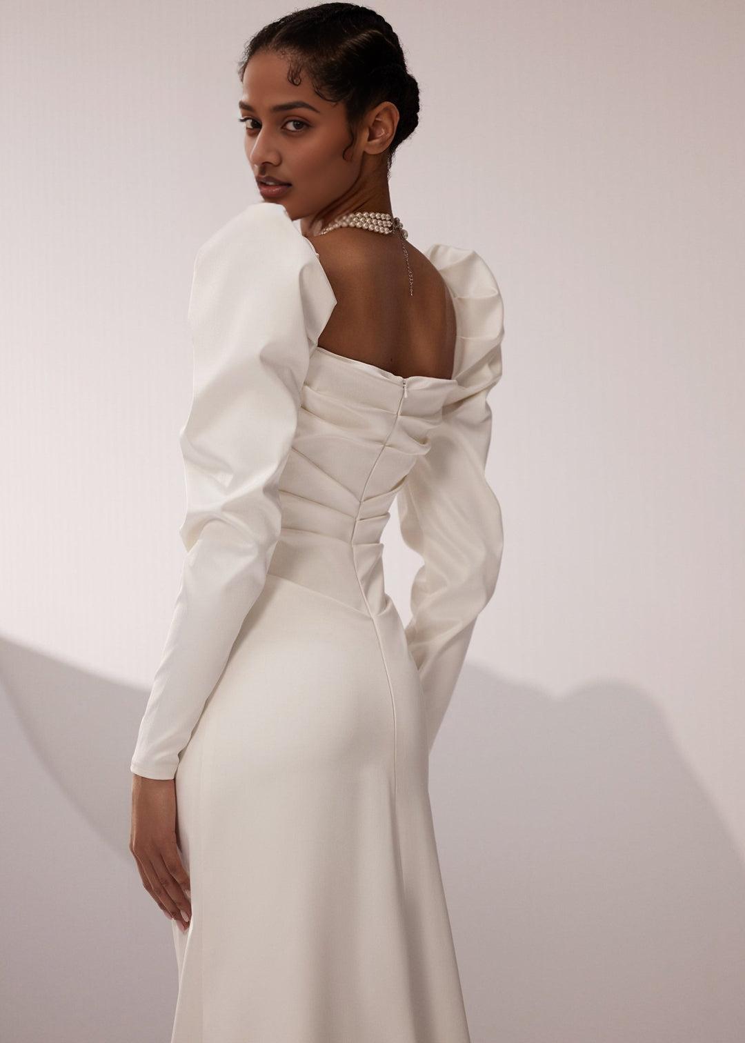 White Long Sleeve Square Neckline Wedding Dress with Puff Shoulders and Sleek Train