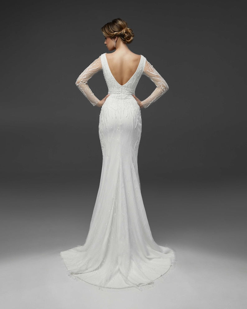 Elegant Mermaid Bridal Gown Backless With Long Sleeves Luxury Bridal Gown Custom Wedding Dresses Dainty V Neck Bridal Dress With Train