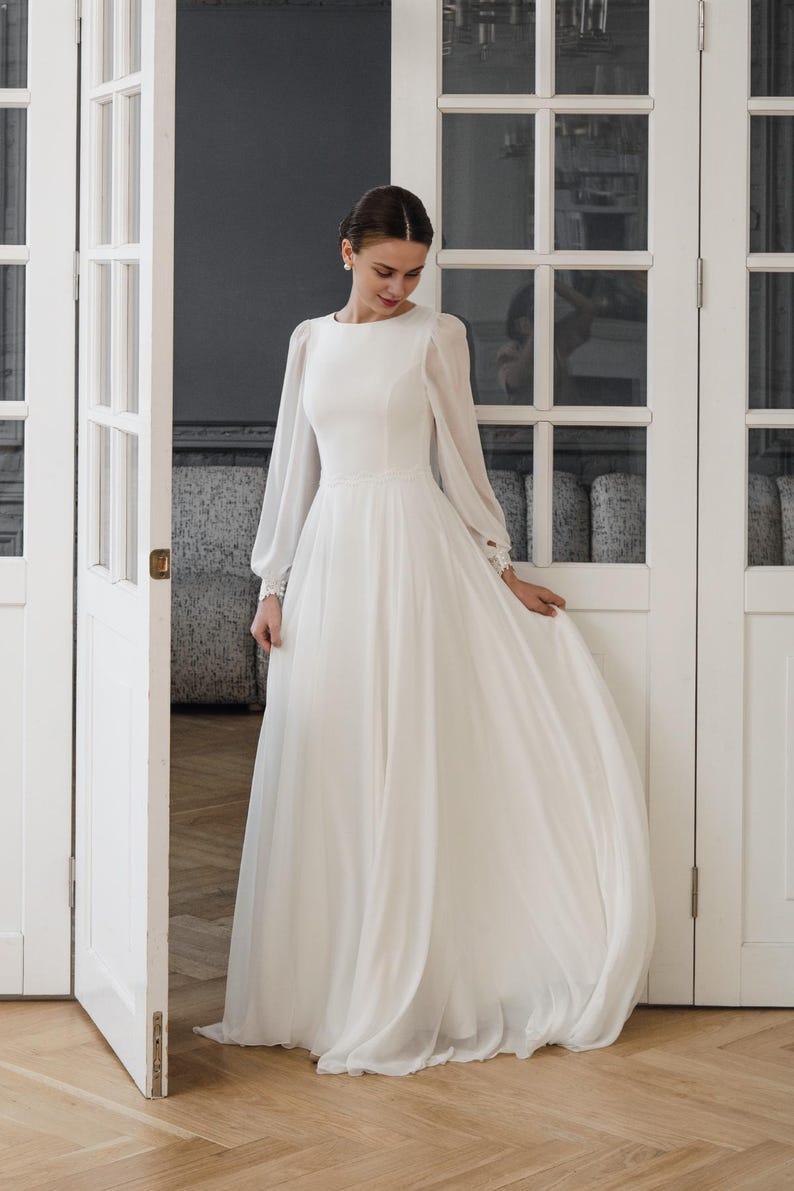 Wedding Dress Gabriella Long Sleeve High Neck Chiffon Bridal Gown