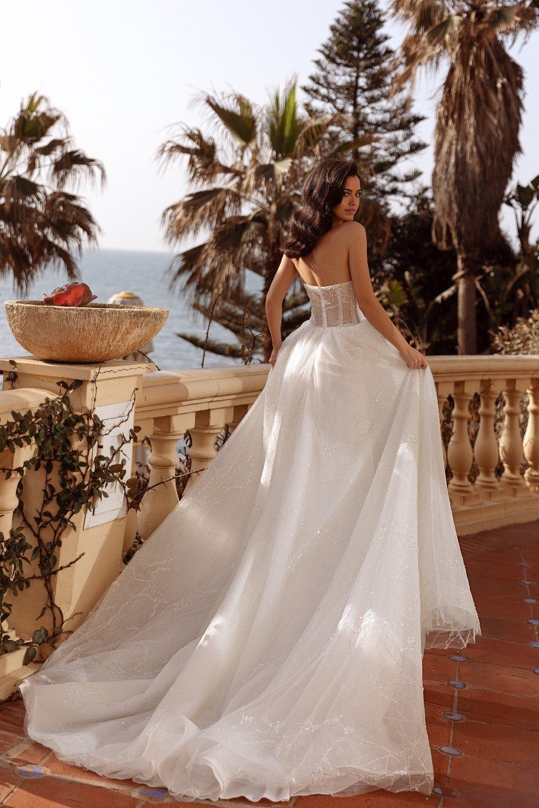 White Sparkling Sheer Lace Wedding Dress with Flowing Train