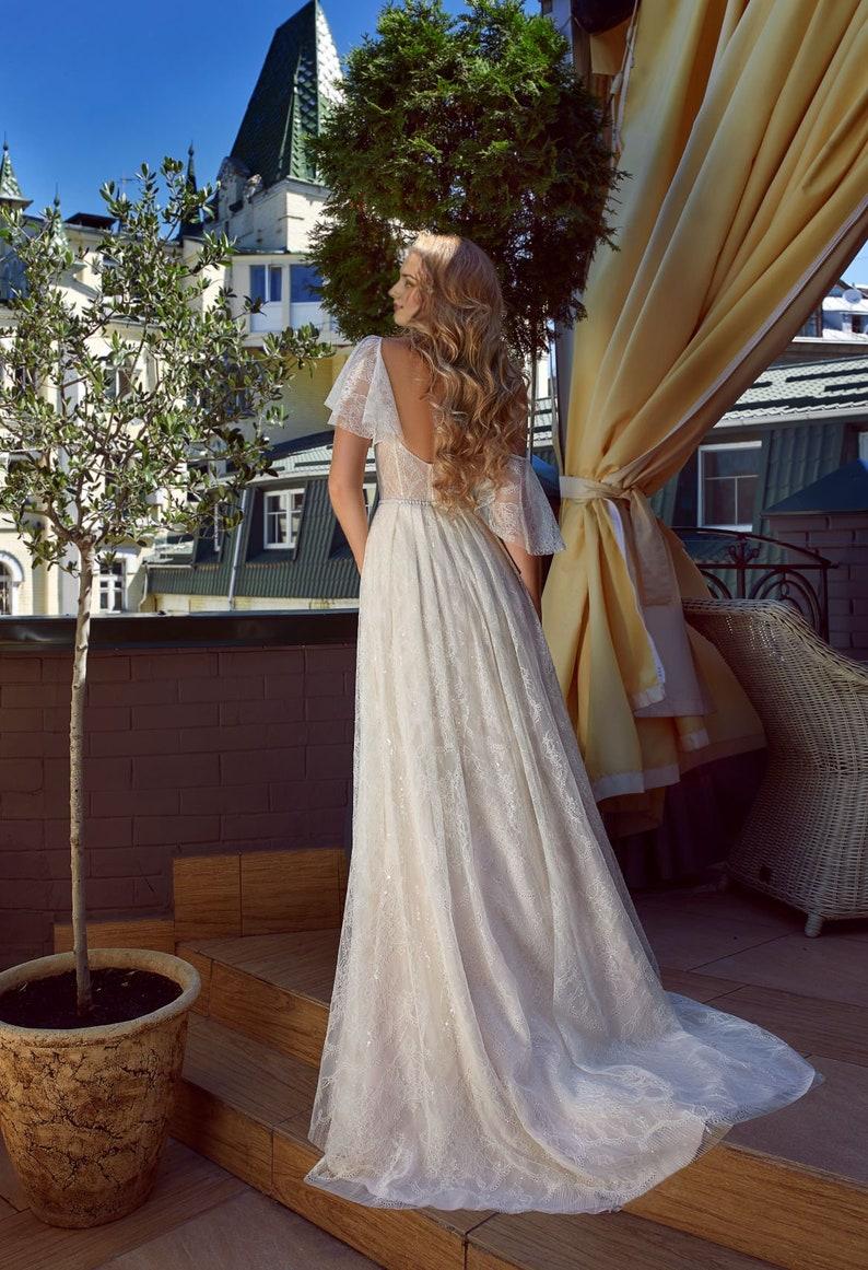 Lace wedding dress short sleeve bridal gown rustic or bohemian wedding A-line delicate dress