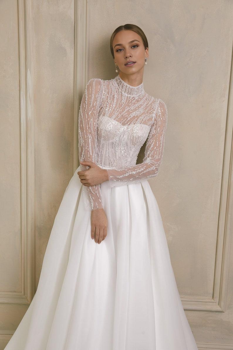 High Neck Modest Wedding Dress Long Sleeve Wedding Dress Embroidered Wedding Gown Lace Wedding Dress A Line Bridal Dress