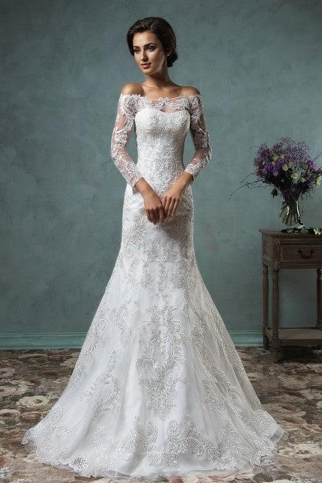 Off the Shoulder Detachable Train Wedding Dresses Long Sleeve Lace Bride Dress