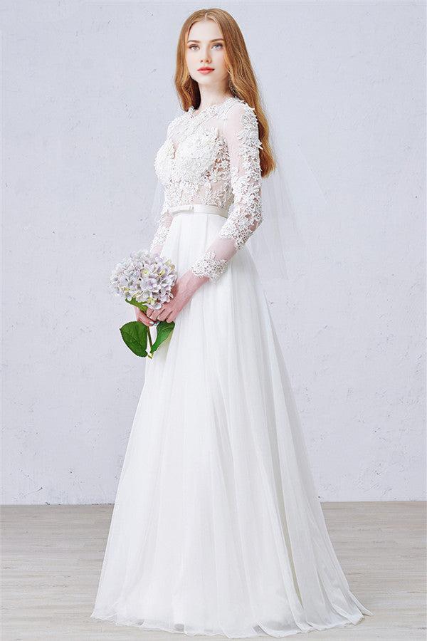 A-Line Long Sleeve Bridal Gown New Arrival Tulle Lace Floor Length Wedding Dress