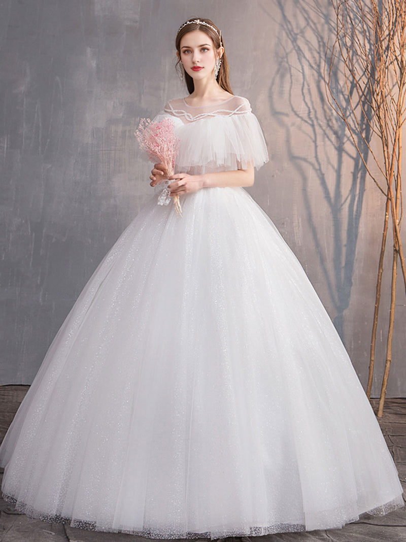 Round Neck Tulle Long Wedding Dress White Tulle Long Bridal Dress
