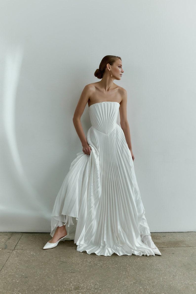 Pleated wedding dress Strapless satin wedding dress Modern A-line bridal gown with pleating Minimalist corset wedding dress