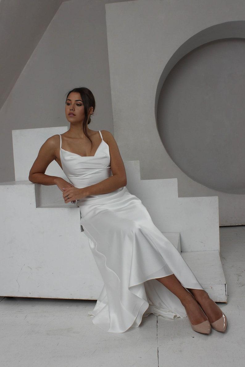 French Crep Wedding Dress With Cowl Neck For Special Occasion Elopement Dress With Low Cowl Back Rehearsal Dinner Backless Simple Crep Dress