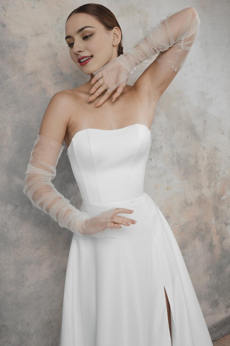 A Line Wedding Dress With Detachable Tulle Sleeves Minimalist Modern Wedding Dress
