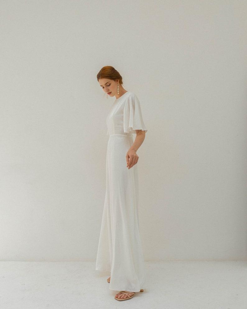 Floor Length Dress Satin Wedding Dress Flutter Sleeves Dress