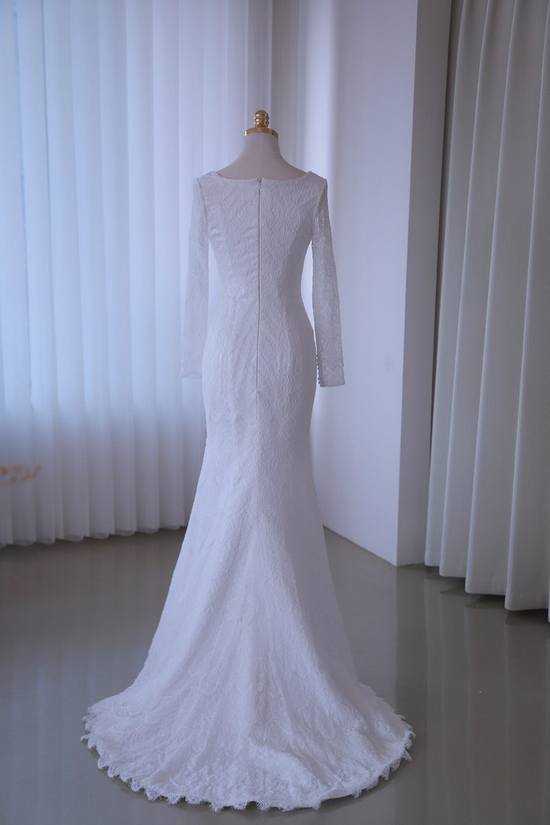 Square neck lace wedding dress with long sleeves fit mermaid bridal dress with small train wedding gown lace bridal dress beach wedding