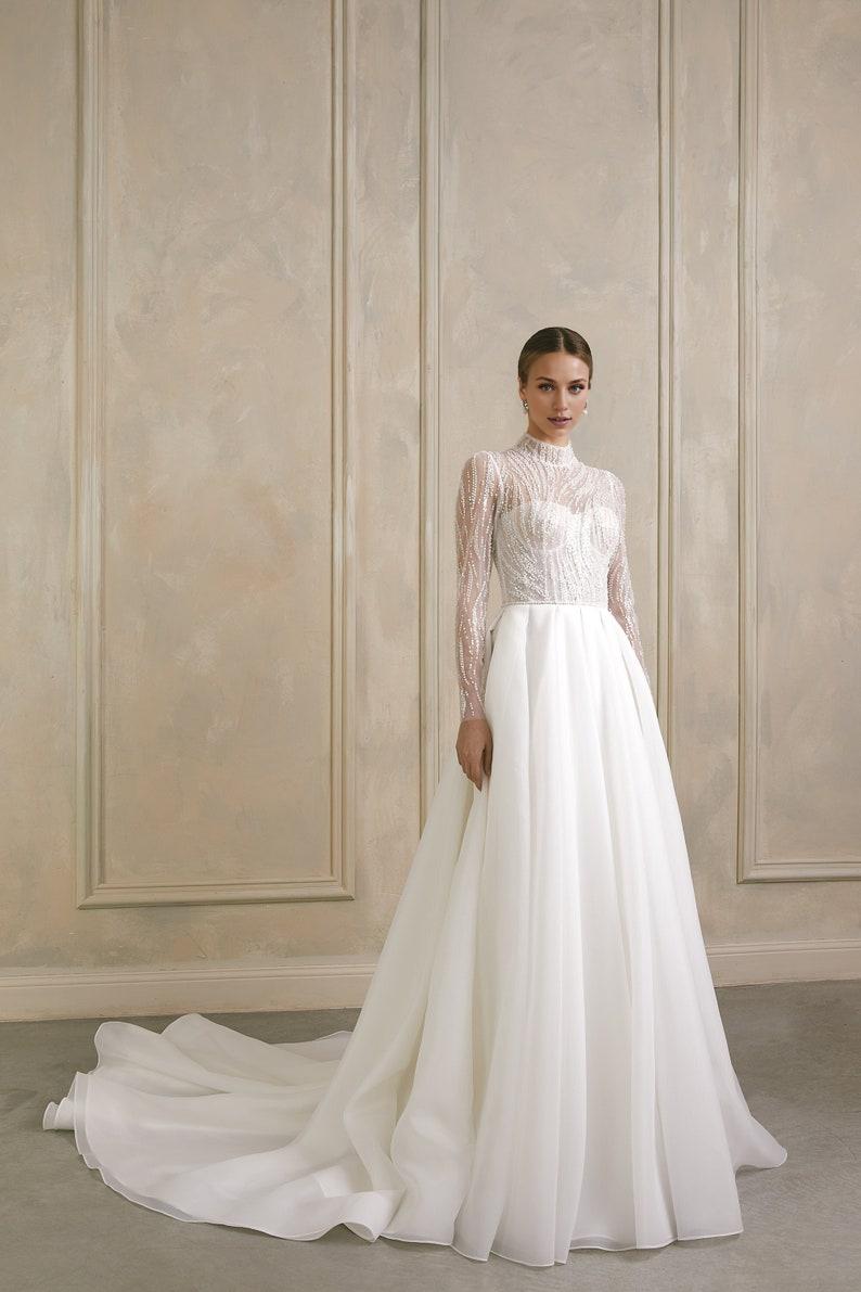 High Neck Modest Wedding Dress Long Sleeve Wedding Dress Embroidered Wedding Gown Lace Wedding Dress A Line Bridal Dress