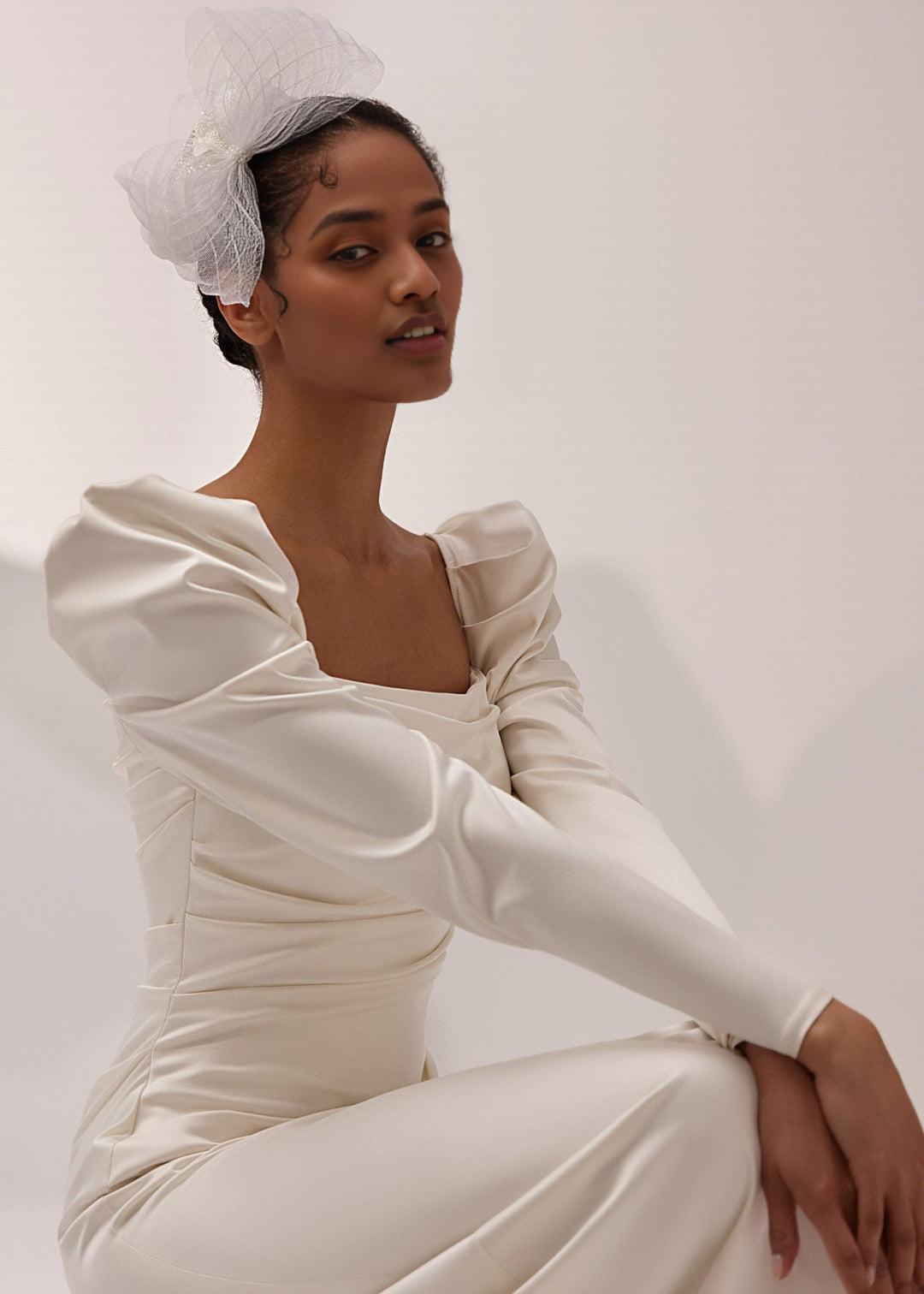 White Long Sleeve Square Neckline Wedding Dress with Puff Shoulders and Sleek Train