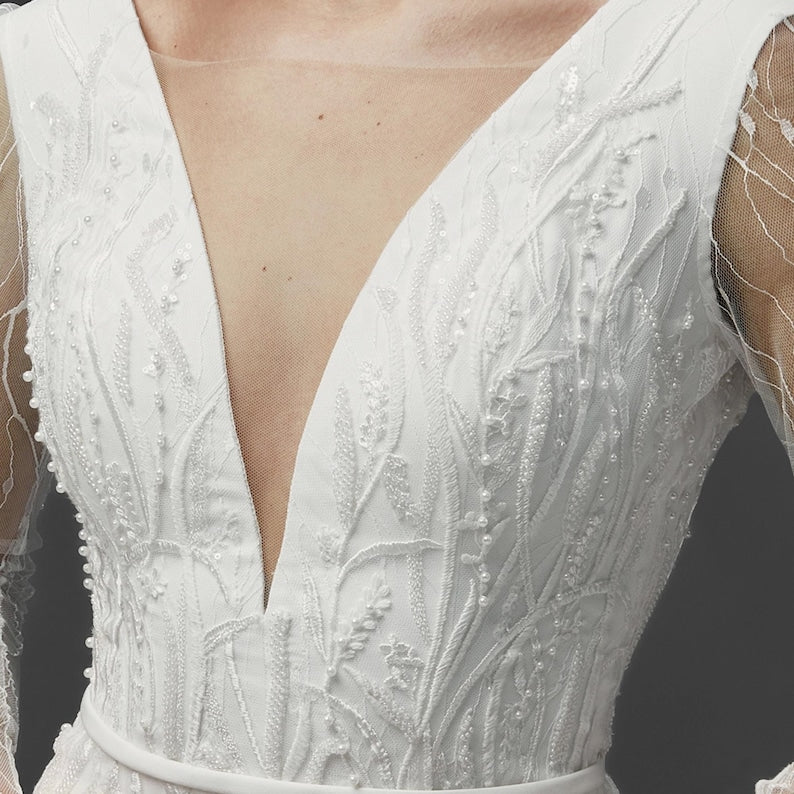 Elegant Mermaid Bridal Gown Backless With Long Sleeves Luxury Bridal Gown Custom Wedding Dresses Dainty V Neck Bridal Dress With Train