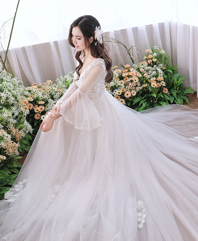 V Neck Tulle Lace Long Prom Dress White Evening Dress