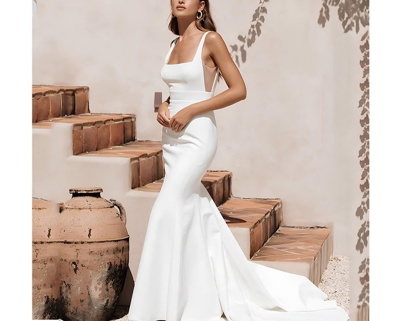 Wedding Dress Boho Square Neck Bridal Gown Low Back Satin Dress Custom Mermaid Wedding Dress